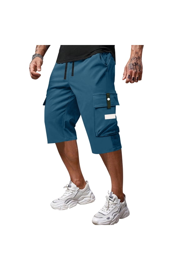 Men's Casual Drawstring Capri Cargo Pants, 3/4 Length Long Drawstring Stretch Elastic Waist Shorts Below Knee