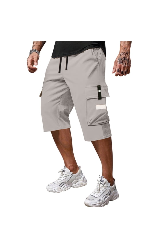 Men's Casual Drawstring Capri Cargo Pants, 3/4 Length Long Drawstring Stretch Elastic Waist Shorts Below Knee