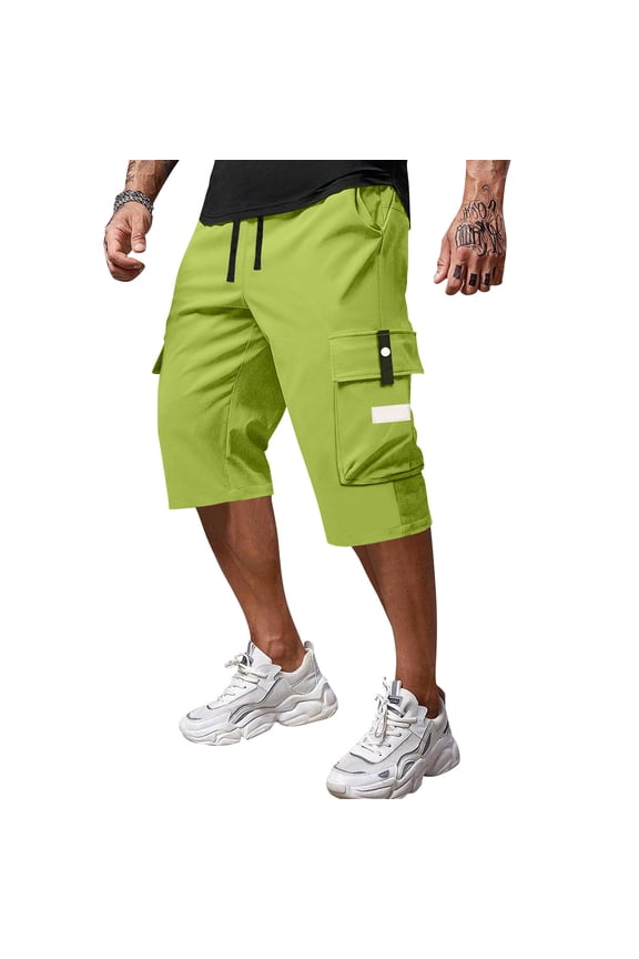 Men's Casual Drawstring Capri Cargo Pants, 3/4 Length Long Drawstring Stretch Elastic Waist Shorts Below Knee