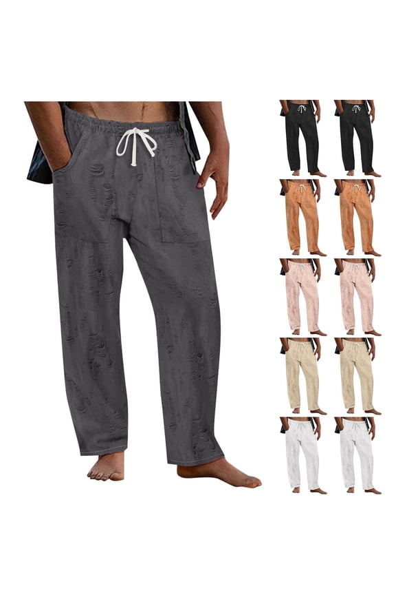 Men's Casual Drawstring Loose Fit Pants, Abrade-Resistant Trousers, Solid Color Long Joggers for Outdoor Fall Hiking, Summer Everyday | AESTIVO,Black L