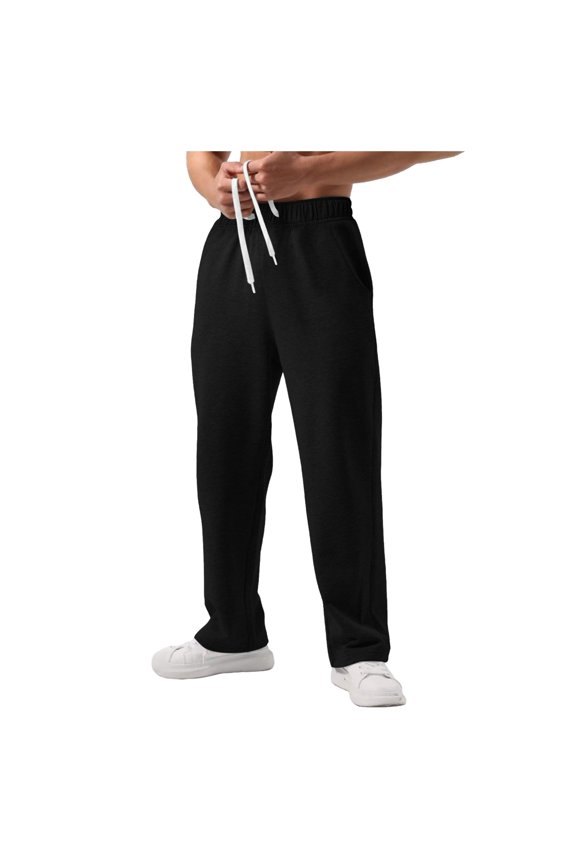 Men's Casual Drawstring Pants - Elastic Waist, Button Pockets, Straight Leg - Polyester Trousers for Outdoor/Workout