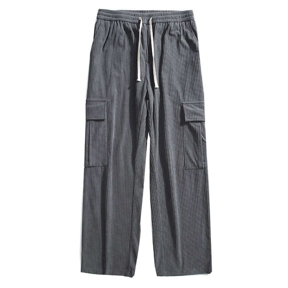 Men's Casual Drawstring Straight Barrel Trousers Carry Pockets Cotton Wool Cargo Pants