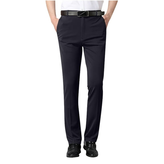 Men's Casual Dress Pants Lightweight Elastic Waist Slacks Straight Leg Regular Fit Trousers For Work Business B-Navy