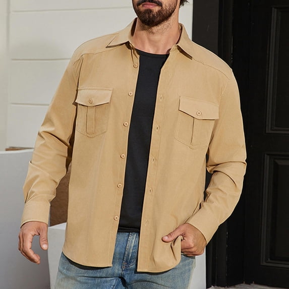 Men's Casual Dress Shirts Long Sleeve Work Shirt Button Down Collar Cowboy Shirts Regular Fit Khaki S