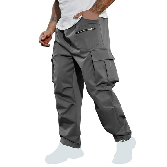 Men's Casual Elastic Waist Cargo Pant with Zipper Pockets Loose Workout Pants Outdoor Hiking Running Pant