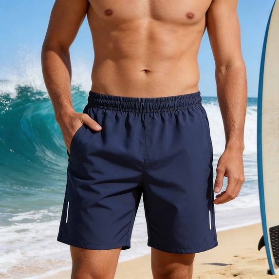 Men's Casual Elastic Waist Shorts with Pockets for Sports and Beach Wear