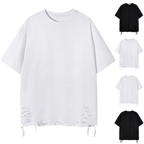 Men's Casual Fashion Crew Neck Pullover Top Short Sleeve Solid Color Ripped T-Shirt Tee Streetwear Loungewear Modern Essential Gift for Him | AESTIVO,Black 2XL