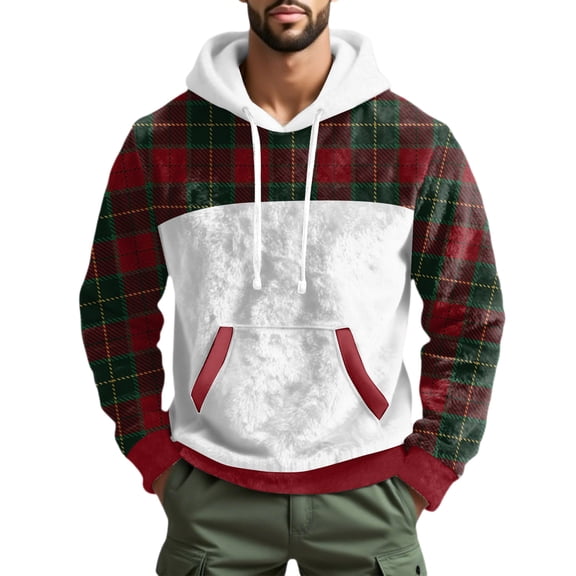 Men's Casual Fashion Half Zipper Hooded Long Sleeves Hoodie with Pockets and Plaid Pattern - New Style Trendy and Functional Pullover Sweatshirt,Deep Red,S