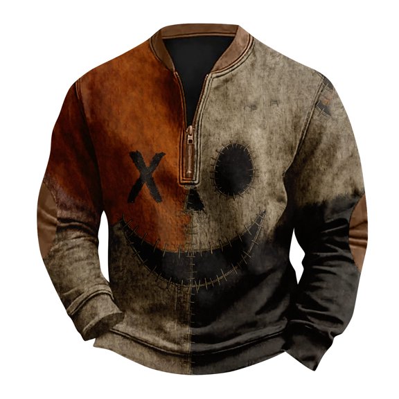 Men's Casual Fashion Halloween Printed Pumpkin V-Neck Long Sleeve Top with Color Block Design for Streetwear and Casual Outfits - Unique and Stylish Men's Shirt,Orange,S