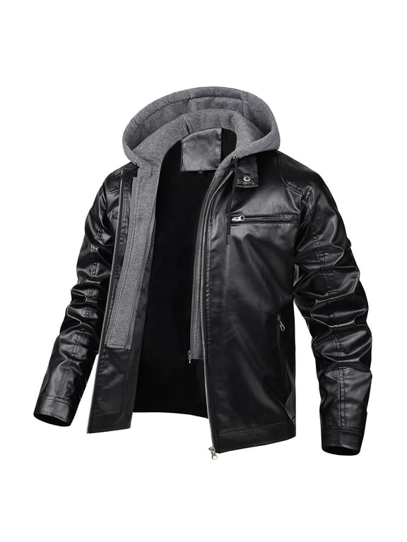 Men’s Casual Fashion PU Faux Leather Zip-Up Motorcycle Bomber Biker Jacket with a Removable Hood