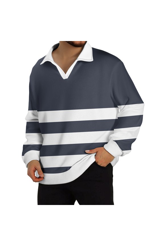 Men's Casual Fashion Printed Lapel Long Sleeve Knitted Bottoming Shirt Top with Patchwork Stripe Print for Modern Pattern, Unique Layering Piece,Navy,2XL