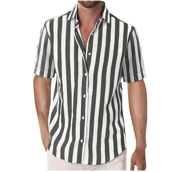 Men's Casual Fashion Short Sleeve Button Stripe Dress Shirt Nylon Beach Shirt