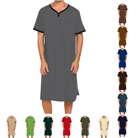 Men's Casual Fashion Short Sleeve Nightdress Long Gown V-Neck Collar Blouse Tops Shirt