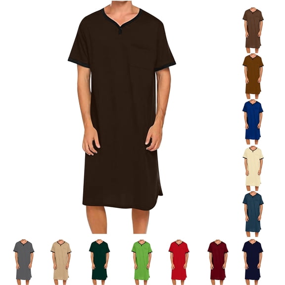 Men's Casual Fashion Short Sleeve Nightdress Long Gown V-Neck Collar Blouse Tops Shirt