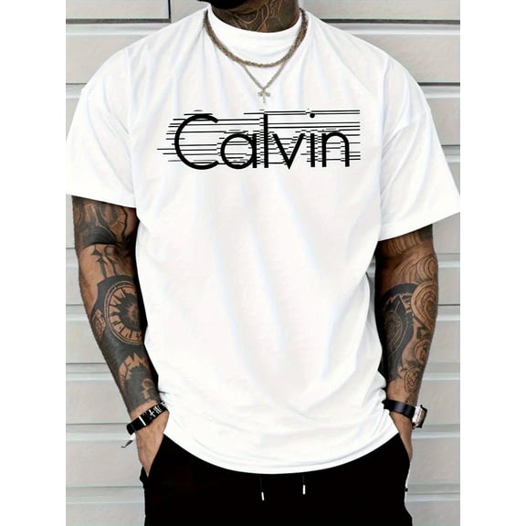 Men's Casual Fashion Short Sleeve T-Shirt with "Calvin" Letter Print, Regular Fit Crew Neck, Comfortable Stretch Summer Tee, Everyday Comfort Wear| Crew Neck Shirt| Polyester Fabric, PLUS SIZE