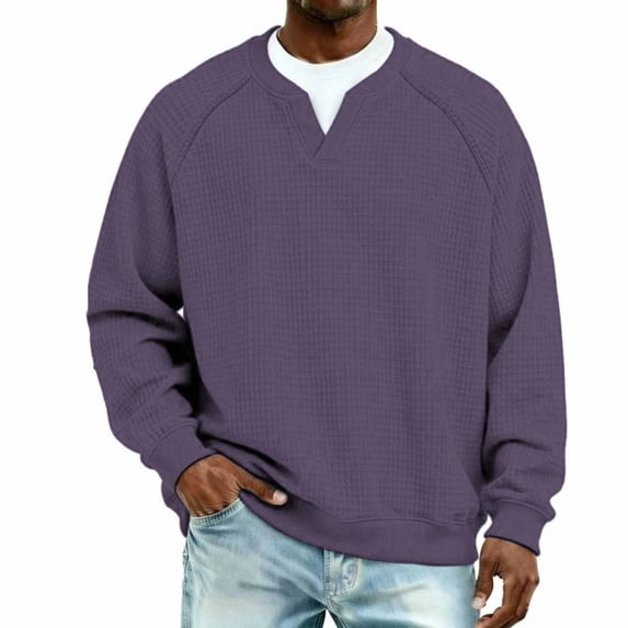 Men's Casual Fashion Solid Color Breathable V Neck Waffle Knit Pullover Hoodie Top