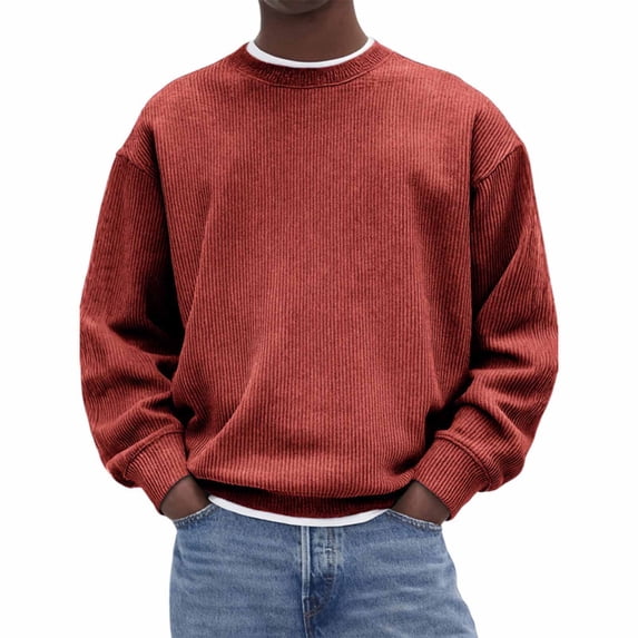 Men's Casual Fashion Solid Color Corduroy Long Sleeve Round Neck Pullover Hoodie Top