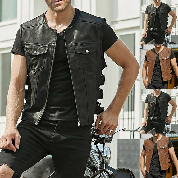 Men's Casual Fashion Solid Color Zipper Vest with Multiple Pockets, Motorcycle Rider Vest, Lightweight Layering Piece for Fall Winter Outdoor Riding and Daily Streetwear,Brown,L