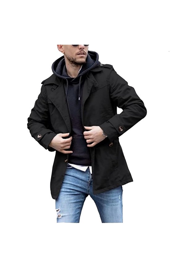 Men's Casual Fashion Solid-Colored Mid-Length Lapel Button Trench Coat, Black, M