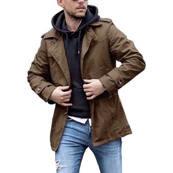Men's Casual Fashion Solid-Colored Mid-Length Lapel Button Trench Coat, Brown, M