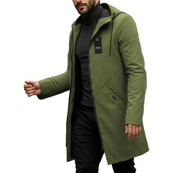 Men's Casual Fashion Windbreaker Coat-Lightweight Mid-Length Jacket with Adjustable Hood & Two Large Pockets