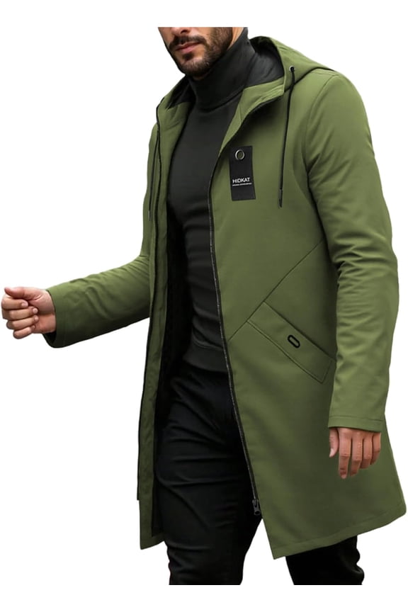 Men's Casual Fashion Windbreaker Coat-Lightweight Mid-Length Jacket with Adjustable Hood & Two Large Pockets
