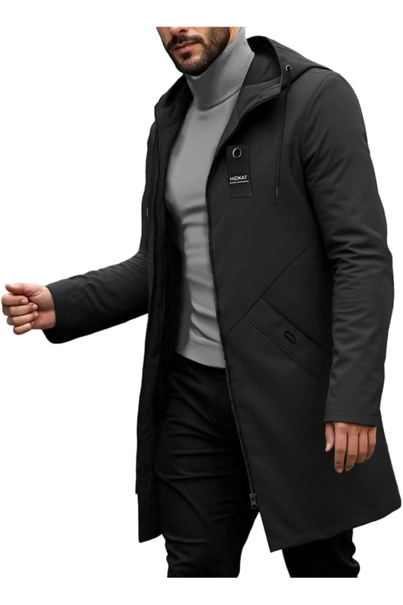 Men's Casual Fashion Windbreaker Coat-Lightweight Mid-Length Jacket with Adjustable Hood & Two Large Pockets