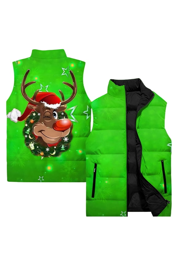 Men's Casual Fashionable Sleeveless Vest - Christmas Print Cotton-Padded Coat, Green, XXXL