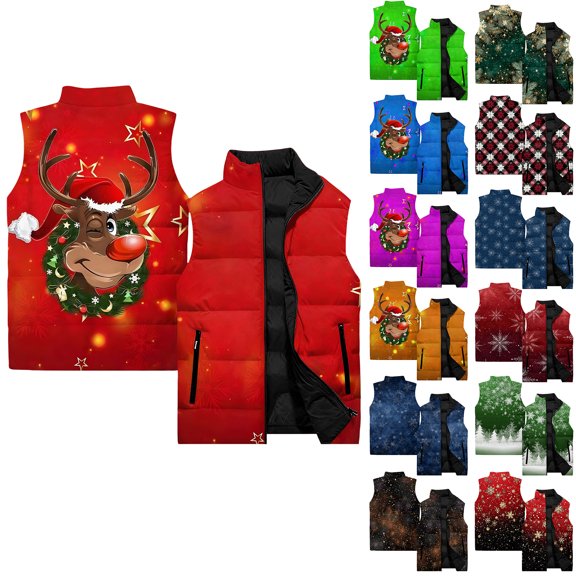 Men's Casual Fashionable Sleeveless Vest - Christmas Print Cotton-Padded Coat, Olive Green, L