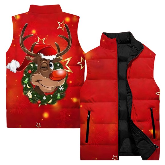 Men's Casual Fashionable Sleeveless Vest - Christmas Print Cotton-Padded Coat, Red, M