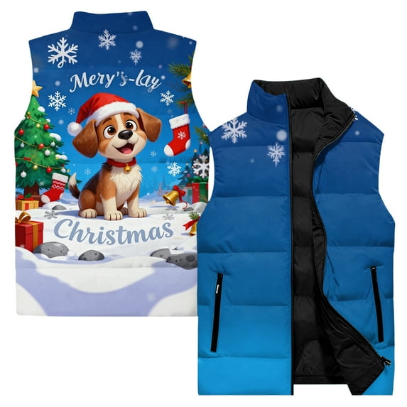 Men's Casual Fashionable Sleeveless Vest - Christmas Print Cotton-Padded Coat, Royal Blue, XXL