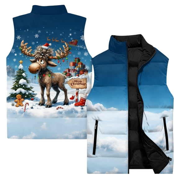 Men's Casual Fashionable Sleeveless Vest - Christmas Print Cotton-Padded Coat, Sky Blue, L