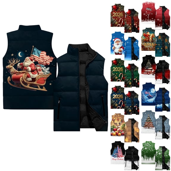Men's Casual Fashionable Sleeveless Vest - Christmas Print Cotton-Padded Coat, Vermilion, M