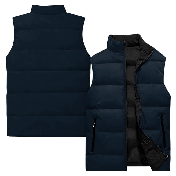 Men's Casual Fashionable Sleeveless Vest - Solid-color Print Cotton-Padded Coat, Navy Blue, M