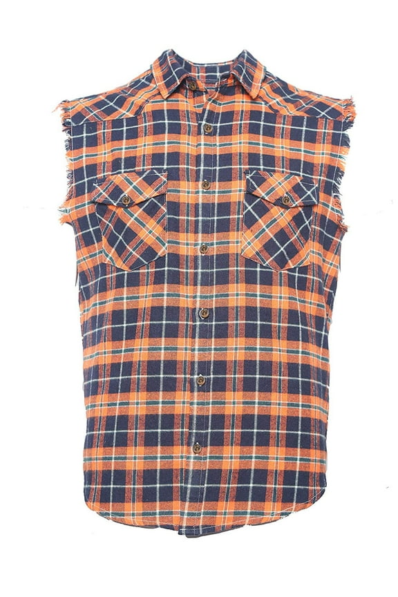 Men's Casual Flannel Plaid Shirt Sleeveless Cotton Plus Size Vest Black&Orange XL