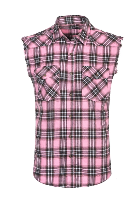 Men's Casual Flannel Plaid Shirt Sleeveless Cotton Plus Size Vest Black&Pink 3XL