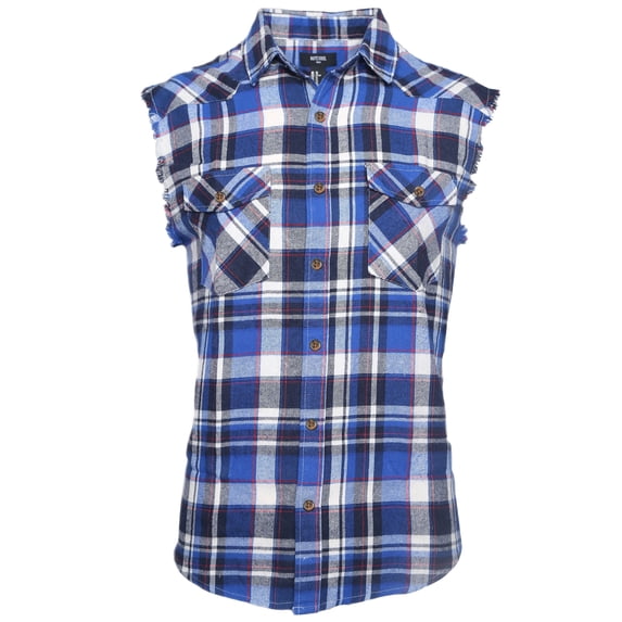 Men's Casual Flannel Plaid Shirt Sleeveless Cotton Plus Size Vest Blue&White XL