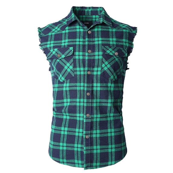 Men's Casual Flannel Plaid Shirt Sleeveless Cotton Plus Size Vest Green&Navy 2XL