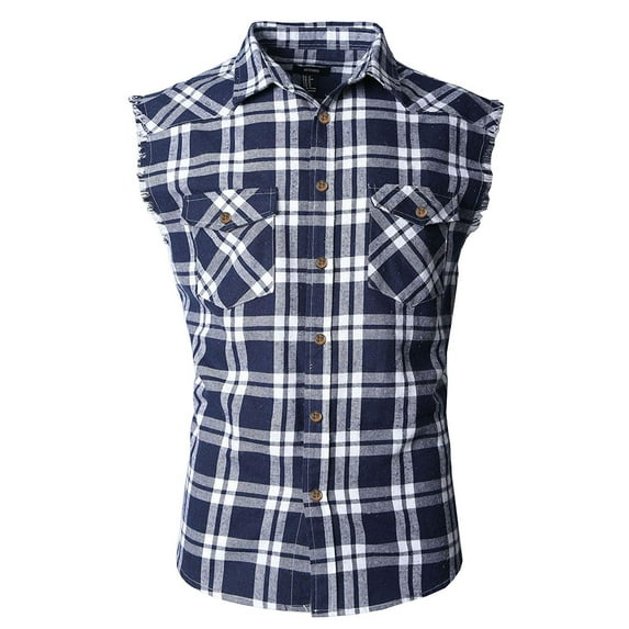 Men's Casual Flannel Plaid Shirt Sleeveless Cotton Plus Size Vest Navy&White XL