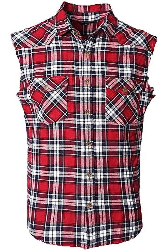 Men's Casual Flannel Plaid Shirt Sleeveless Cotton Plus Size Vest Red and Black 2XL