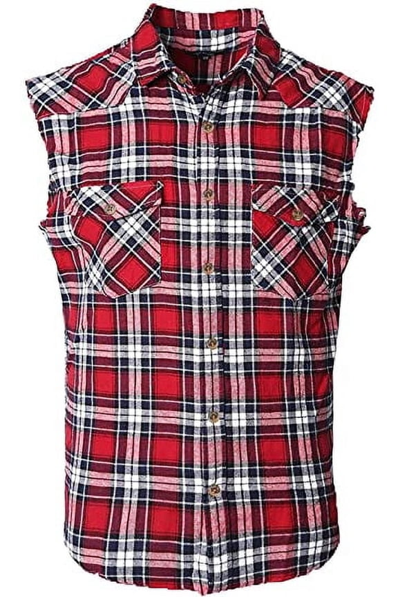 Men's Casual Flannel Plaid Shirt Sleeveless Cotton Plus Size Vest Red and Black M