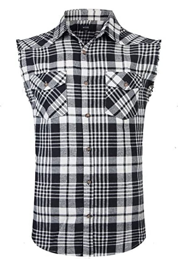Men's Casual Flannel Plaid Shirt Sleeveless Cotton Plus Size Vest White and Black M