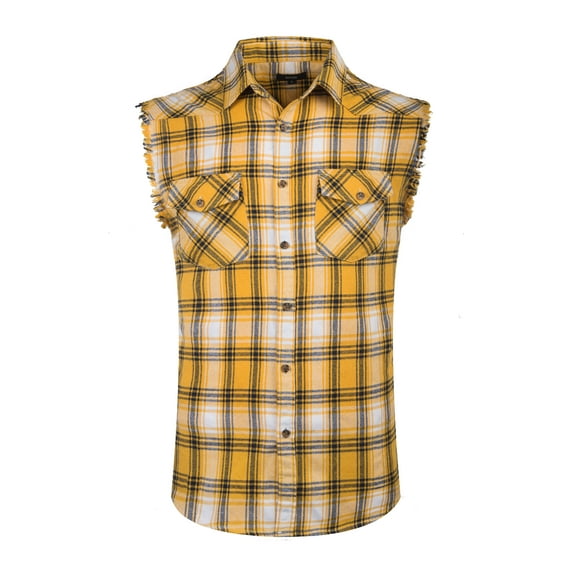Men's Casual Flannel Plaid Shirt Sleeveless Cotton Plus Size Vest Yellow&White 2XL