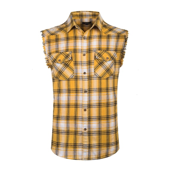 Men's Casual Flannel Plaid Shirt Sleeveless Cotton Plus Size Vest Yellow&White L