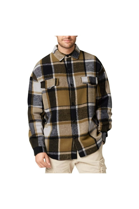 Men's Casual Flannel Shirt Jackets Warm Plaid Wool Blend Shacket Fleece Relaxed Fit Button Up Long Sleeve Coat