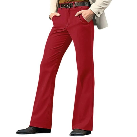 Men's Casual Flared Trousers 70s Disco Pants Dancing Stage Performance Flat Front Stretch Trousers