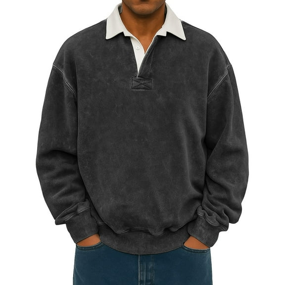 Men's Casual Flip Collar Long Sleeve Pullover Hoodie, Comfortable Top for Business and Leisure Wear,Black,M