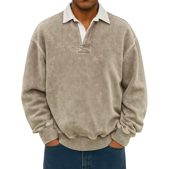 Men's Casual Flip Collar Long Sleeve Pullover Hoodie, Comfortable Top for Business and Leisure Wear,Khaki,XL