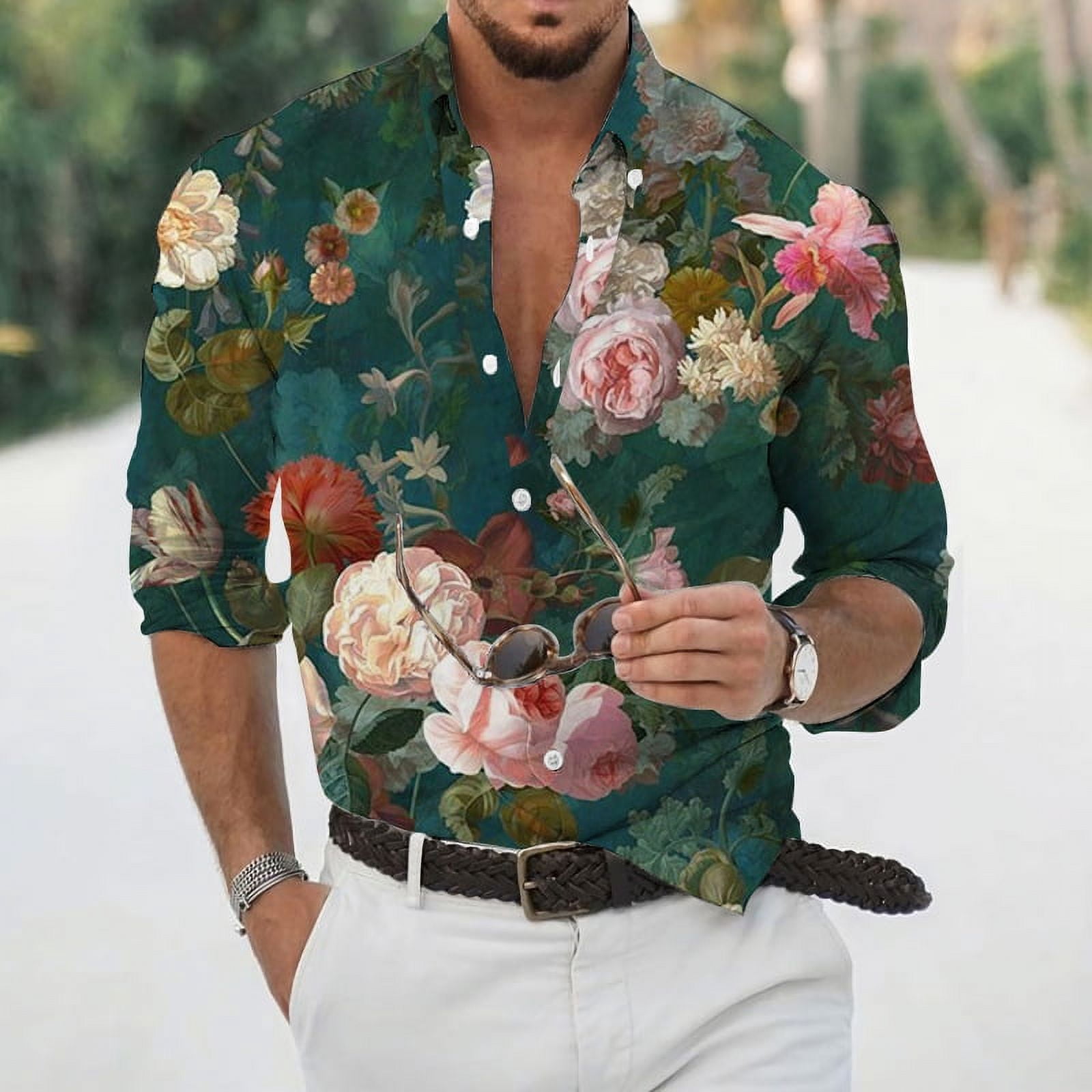 chinese dress ladies Pink Blue Floral Long Sleeve Men Button Up Shirt, White Flowers Print White Casual Buttoned Collared Designer Dress Shirt with Chest Pocket 3XL main image 1