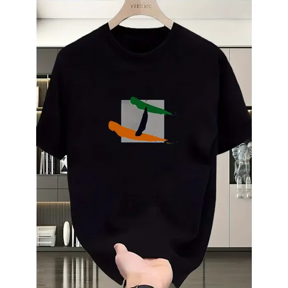 Men's Casual Geometric Parrot Print T-Shirt - Black Regular Fit Short Sleeve Round Neck Tee, Machine Washable, Everyday Clothing